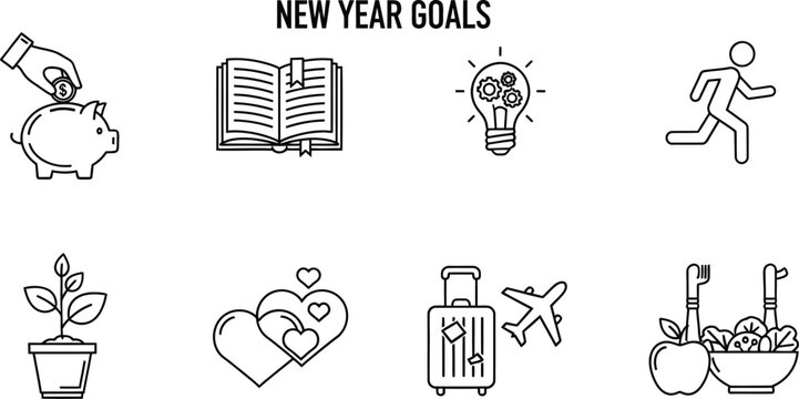 New year goals and resolutions icons for personal growth and success
