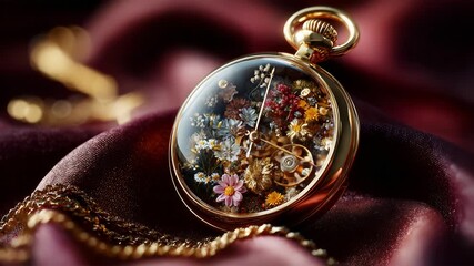 A stunning close-up of an intricately designed pocket watch showcasing a beautiful arrangement of colorful flowers encased in glass, resting on rich fabric, highlighting artistry and craftsmanship. - Powered by Adobe