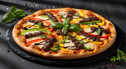 Closeup of a gourmet pizza with meat, peppers, cheese, and balsamic glaze drizzle