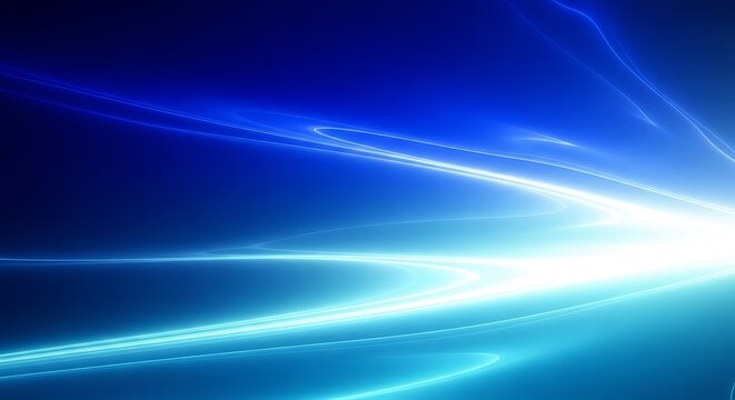 Dynamic abstract blue light trails creating a sense of speed and digital energy, flowing across a vibrant gradient background perfect for modern tech concepts. - Powered by Adobe
