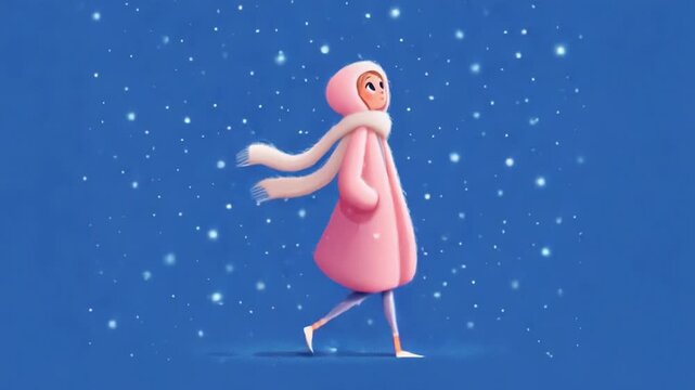A cheerful character enjoys a snowy winter day, bundled up in a pink coat and scarf, joyfully walking under falling snowflakes against a bright blue background.