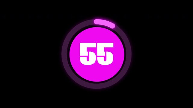 one minute count down, Digital glowing purple circle with number 55, futuristic design, technology theme, numerical concepts, abstract graphics, glowing logo design, data visualization.