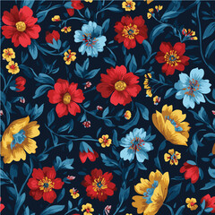 Seamless pattern of folk art floral illustration, dense scattered blooms and winding leaves