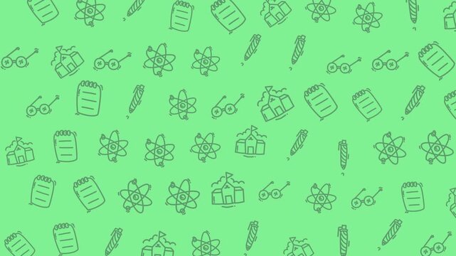 Green background with repeating pattern of science and education related doodles.