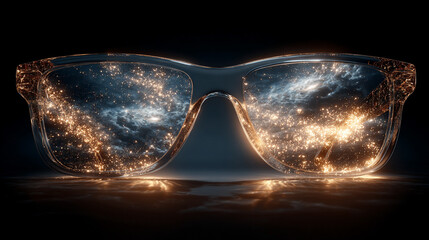 Stylish sunglasses reflecting entire galaxies in their lenses symbolizing imagination cosmic perspective and limitless vision blending fashion with wonder and universal curiosity