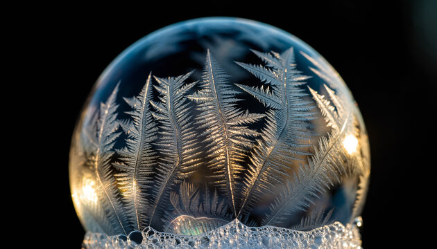 Stunning frozen bubble showcases intricate ice crystal patterns, capturing winter's delicate artistry and ephemeral beauty with golden light.