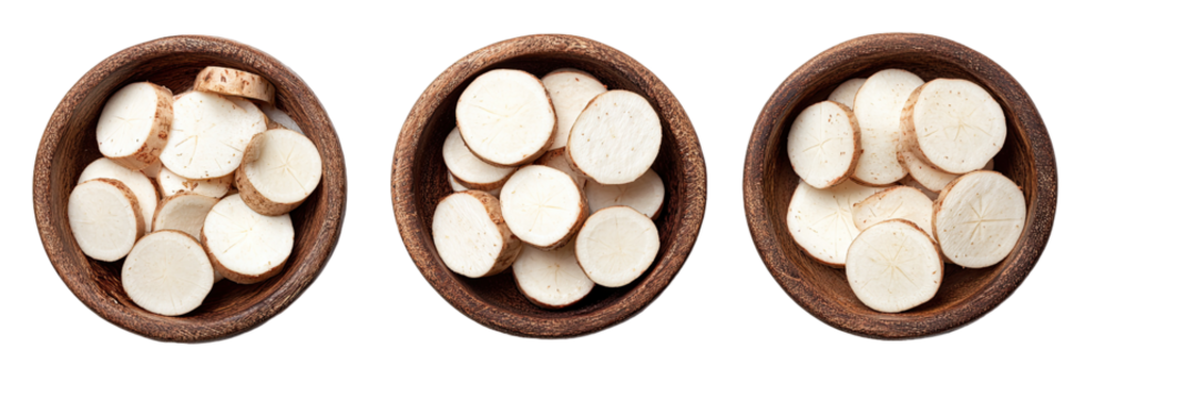 Three wooden bowls, each filled with sliced, light-colored root vegetables on a black background