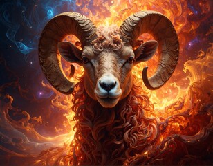 Portrait of a ram with large horns, engulfed in celestial flames