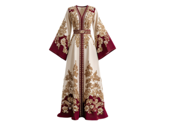 Elegant cream and maroon robe with gold floral embroidery and fitted waist