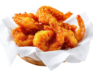 Crispy, golden-brown fried seafood arrangement served in a wicker basket lined with paper