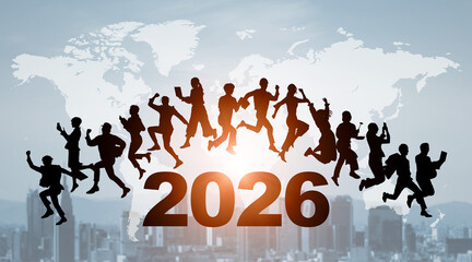 都市を背景にジャンプする様々な職業の人々　2026年新年イメージ　ビジネス向け年賀状素材