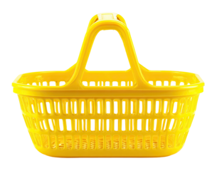 Bright yellow shopping basket with a handle, isolated on black background