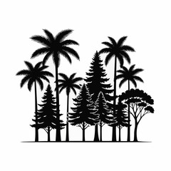 Silhouette of a Diverse Forest with Palm and Pine Trees.
