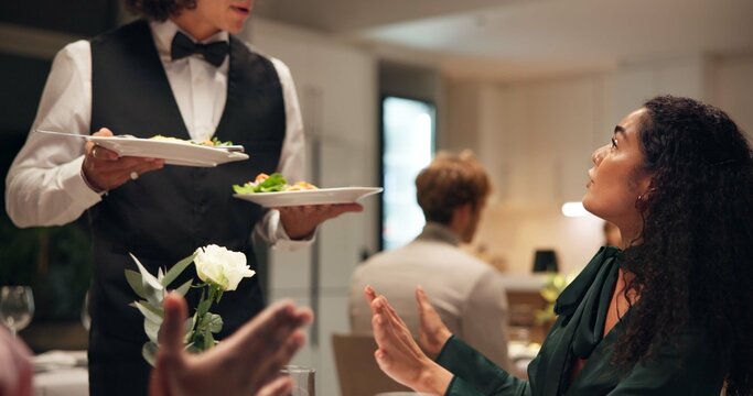 Anger, food and unhappy woman in restaurant for hospitality or service disappointment. Complain, frustration and mistake of waiter with annoyed customer in fine dining establishment for order error