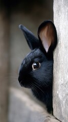 Photorealistic close-up vertical shot of a black rabbit's face, partially hidden behind a stone ledge, showing one dark brown eye and top of head with ears peeking over the edge. A diagonal beam of
