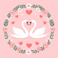Two white swans with hearts within a floral wreath on pink