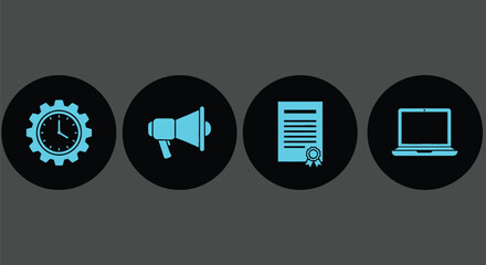 Business icons clock megaphone certificate laptop convey success and efficiency