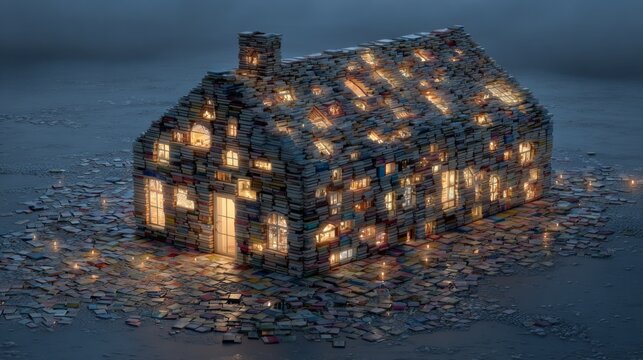 Floating books arranged as house shape with lights