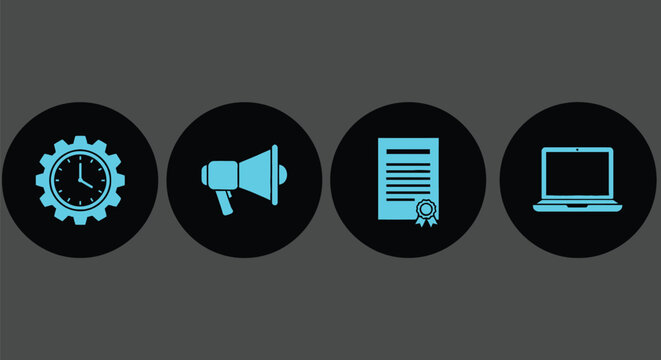 Business icons clock megaphone certificate laptop convey success and efficiency