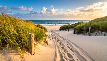 Sandy path leads to a tranquil beach scene under a blue sky