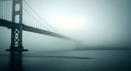 Misty fog envelops a suspended bridge structure over water