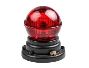 A classic, spherical, red warning light atop a black base, isolated against a black backdrop