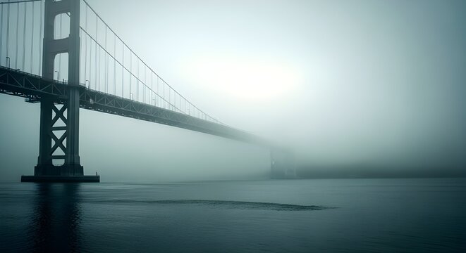 Misty fog envelops a suspended bridge structure over water