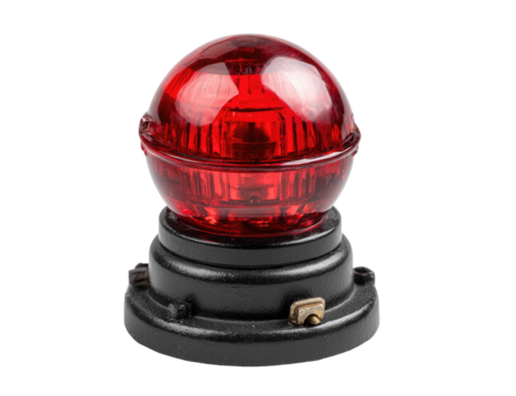 A classic, spherical, red warning light atop a black base, isolated against a black backdrop