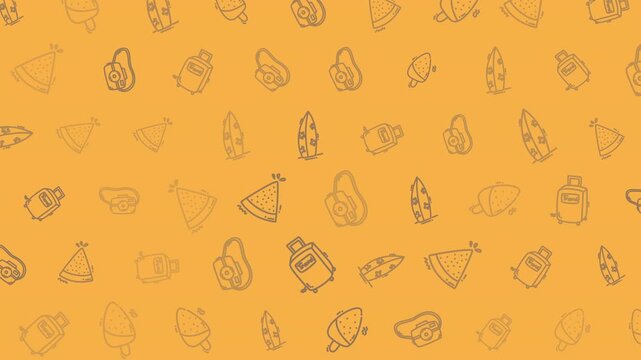 A repeating pattern of various food items and travel-related objects on a yellow background.