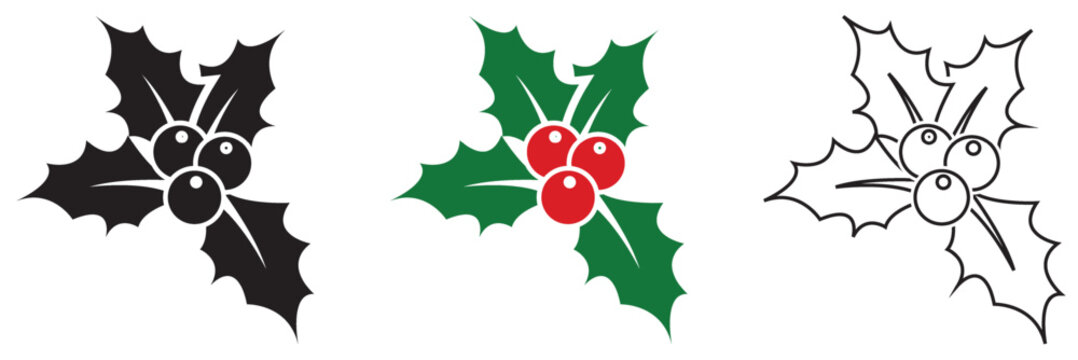 Holly berry icons. Cartoon holly leaves and berries. Chritmas logo wirh  holly leaves and berries.  vector illustration. EPS 10
