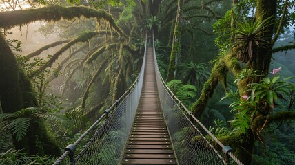 Suspension Bridge in Lush Rainforest Surrounded by Towering Trees Photo