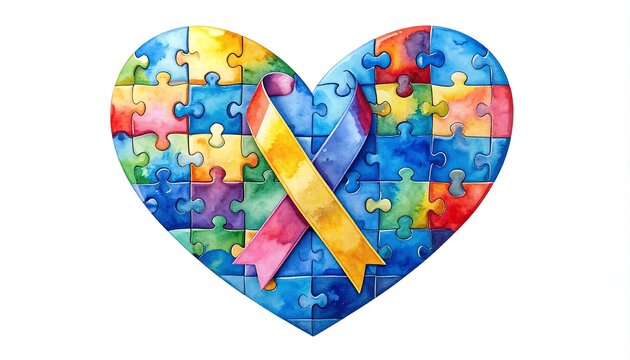 Watercolor heart-shaped puzzle with ribbon, representing awareness