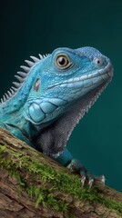 Fototapeta premium Photorealistic close-up vertical shot of an iguana's face, partially hidden behind a mossy log, showing one icy blue eye and top of head with ears peeking over the edge. A single spotlight