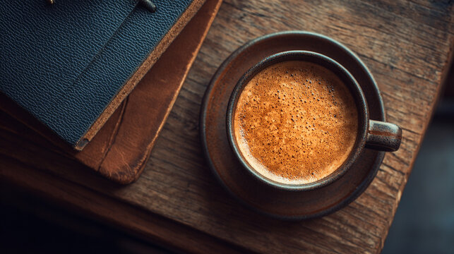 Top view of a coffee cup beside a clean workspace symbolizing focus creativity and productivity featuring warm tones soft light and minimalist design for modern professional lifestyle themes