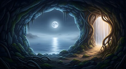Mystical cave entrance opens to moonlit ocean and waterfall