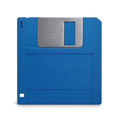 Blue 3.5-inch floppy disk, vintage data storage media device.