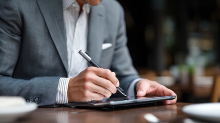 Business professional using tablet in cafe setting, engaged in writing or note-taking activity with a pen