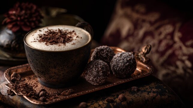 Luxury mocha coffee with chocolate dessert presentation