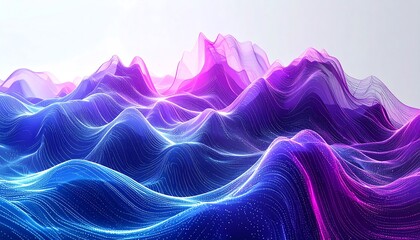 A vibrant abstract landscape features undulating waves of light in shades of blue, purple, and pink against a gradient background