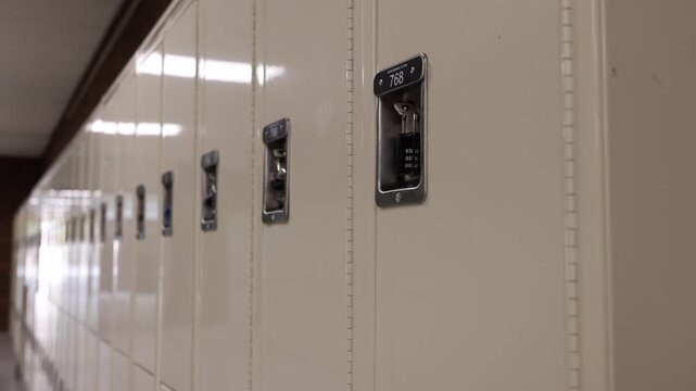 High school lockers in empty hallway - close up