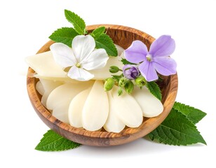 Wooden bowl of sliced food, garnished with flowers and fresh green leaves