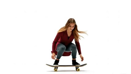A young woman in a red tunic and grey leggings balances on a skateboard with yellow wheels on a white surface looking down with a smile