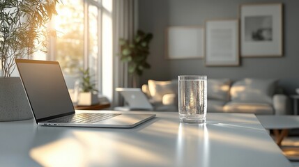 Interior scene with laptop, glass of water, plants, and sunlight streaming through window