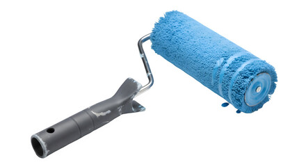 Blue textured paint roller with metal handle on white background