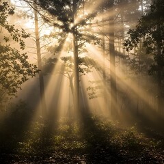 Sunbeams pierce through a misty forest canopy creating a magical atmosphere