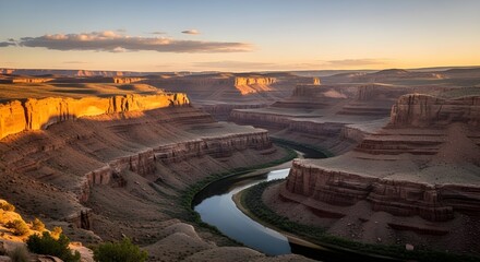 Golden hour canyon sunset over winding river