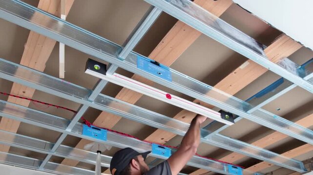 Construction worker installing metal ceiling frame with spirit level, interior renovation footage, drywall suspension grid setup, professional contractor measuring alignment for home improvement and b