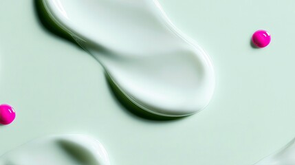 A visually striking abstract composition featuring smooth, flowing white cream textures contrasted with vibrant pink dots against a soft, pale green surface.