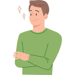 Friendly Man With Short Brown Hair Wearing A Green Long Sleeve Shirt Standing With Arms Crossed And A Confident Smile With Sparkle Accents Above His Head Against A Transparent Background
