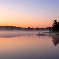 Peaceful sunrise over a misty lake with silhouetted trees